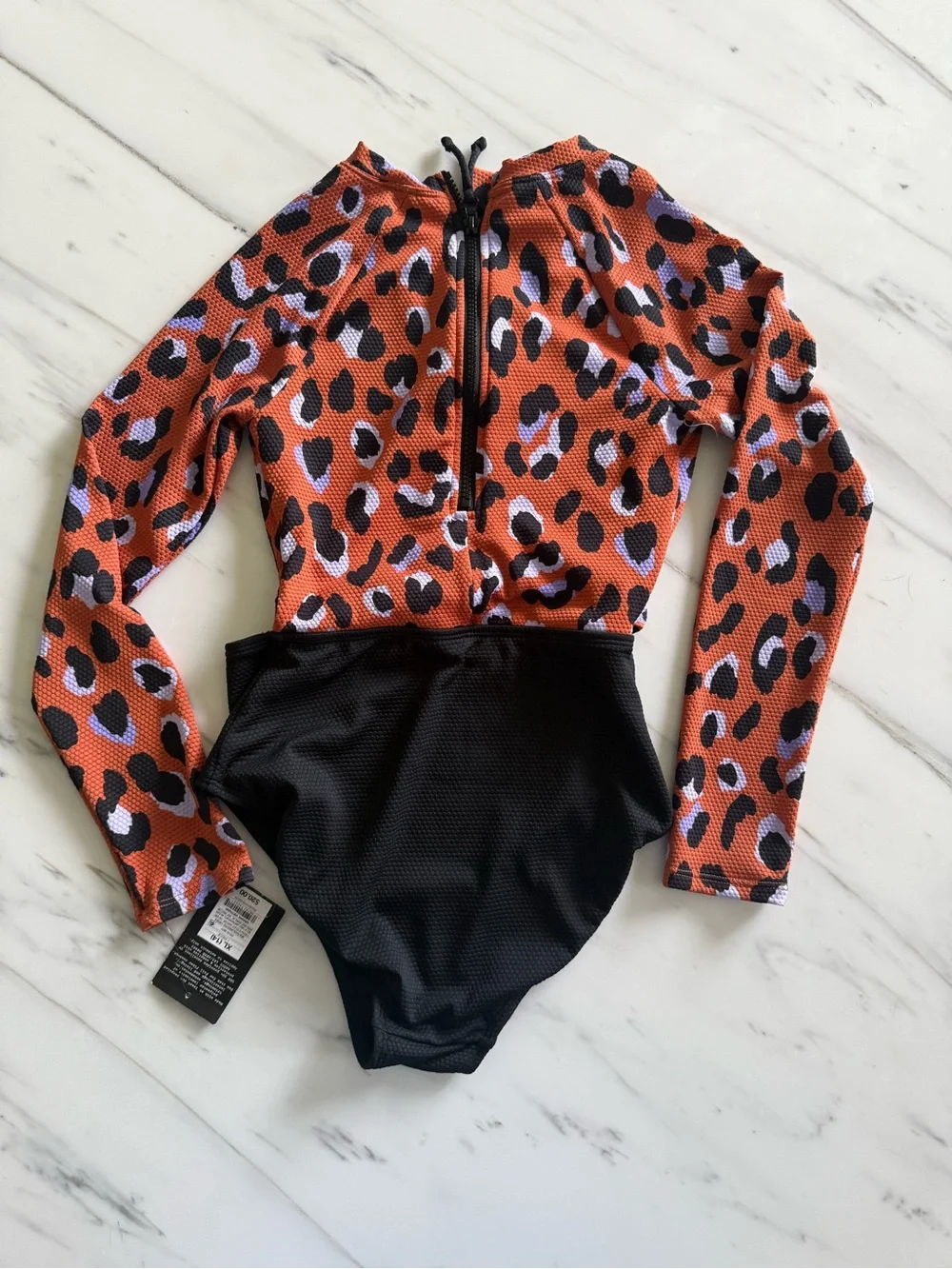 art class Orange Leopard Long-Sleeve Rashguard Top with Black Swim Bottoms